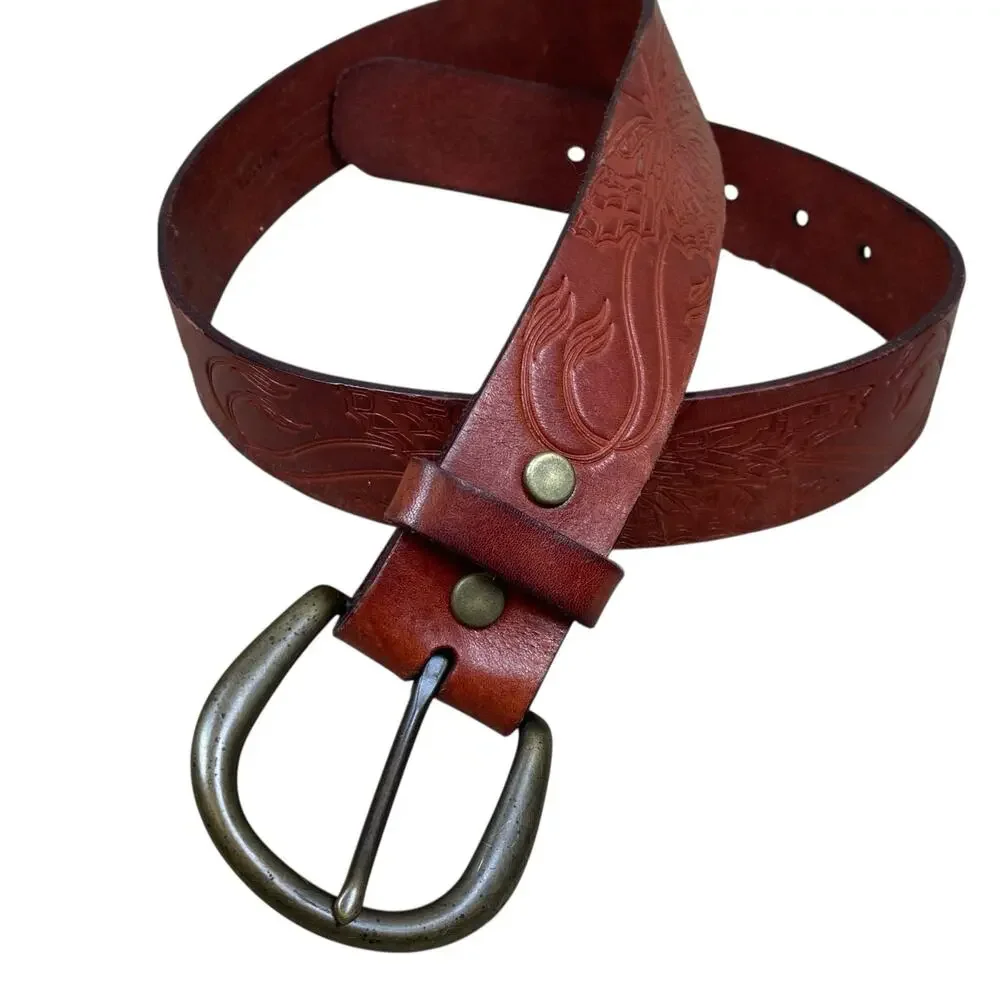 Vintage Fossil Boho Brown Leather Belt Size M Embossed Butterflies 29